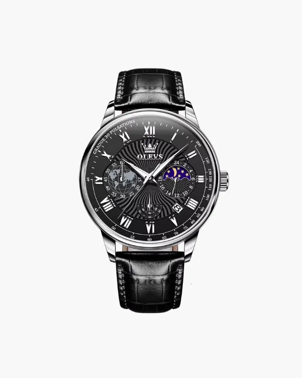 Mondphasen-Uhr – Schwarzes Zifferblatt, Klassische Eleganz